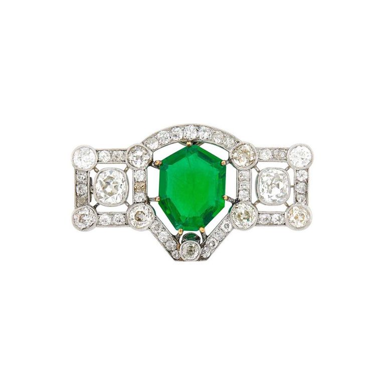 Platinum Synthetic Emerald and Diamond Brooch