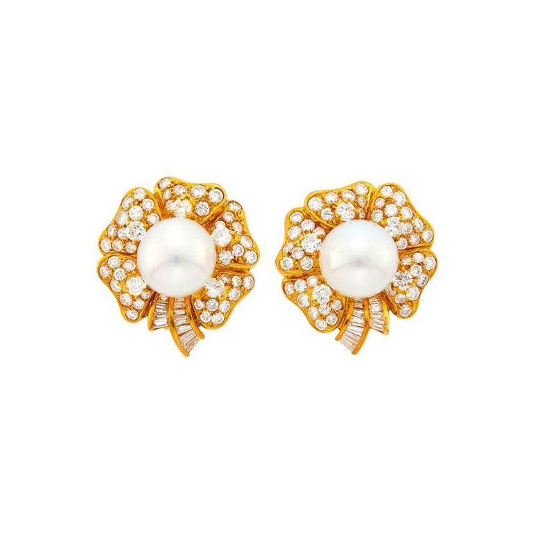 18k Gold Pearl and Diamond Earclips