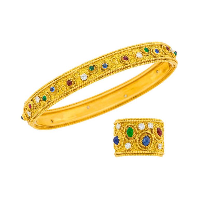 18k Gold Gem-Set Bangle and Ring Set