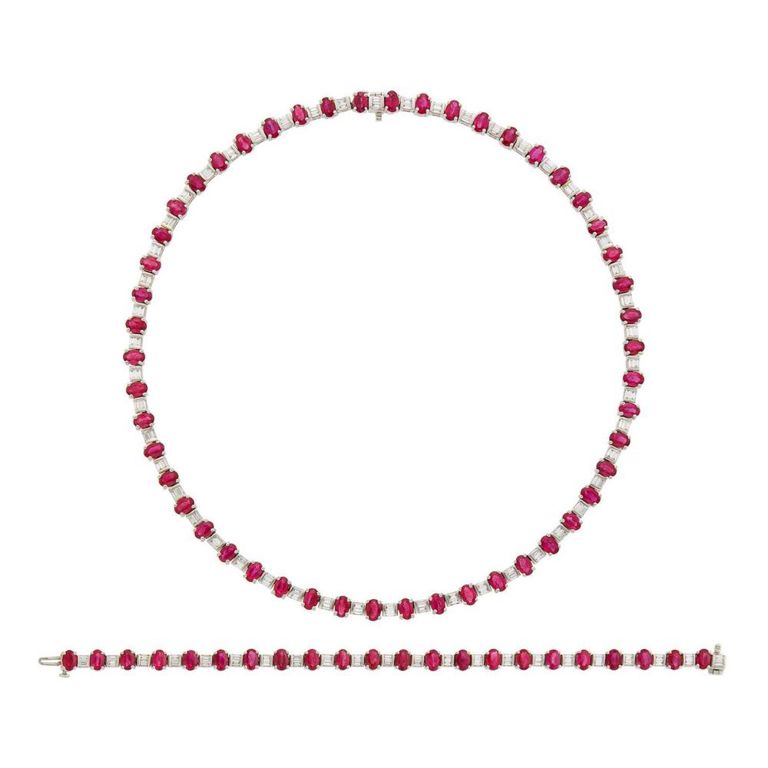 Platinum Ruby, Diamond Necklace and Bracelet