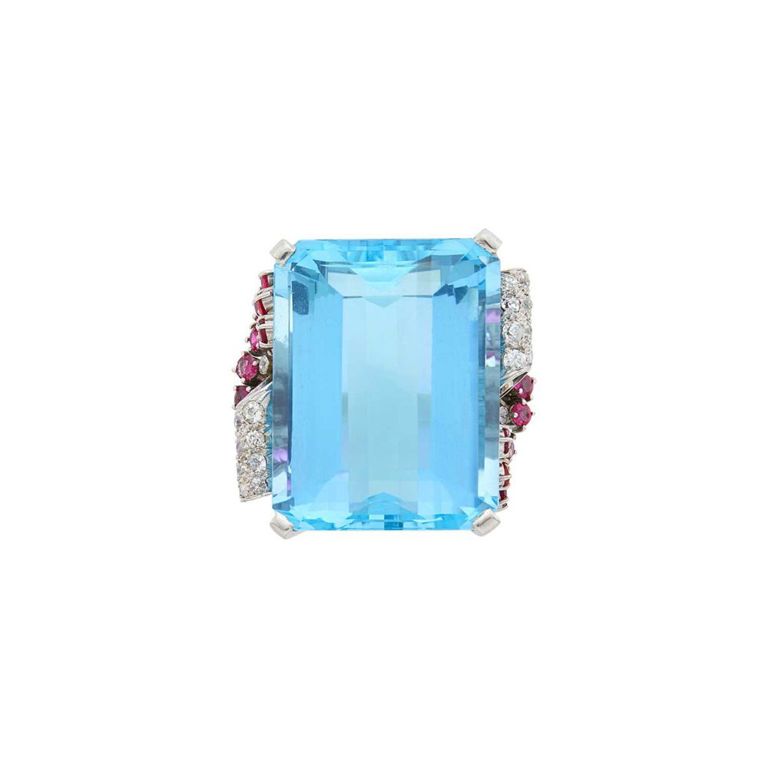White Gold Aquamarine, Ruby and Diamond Ring