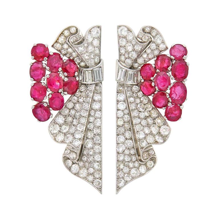 Platinum Ruby and Diamond Clip-Brooches