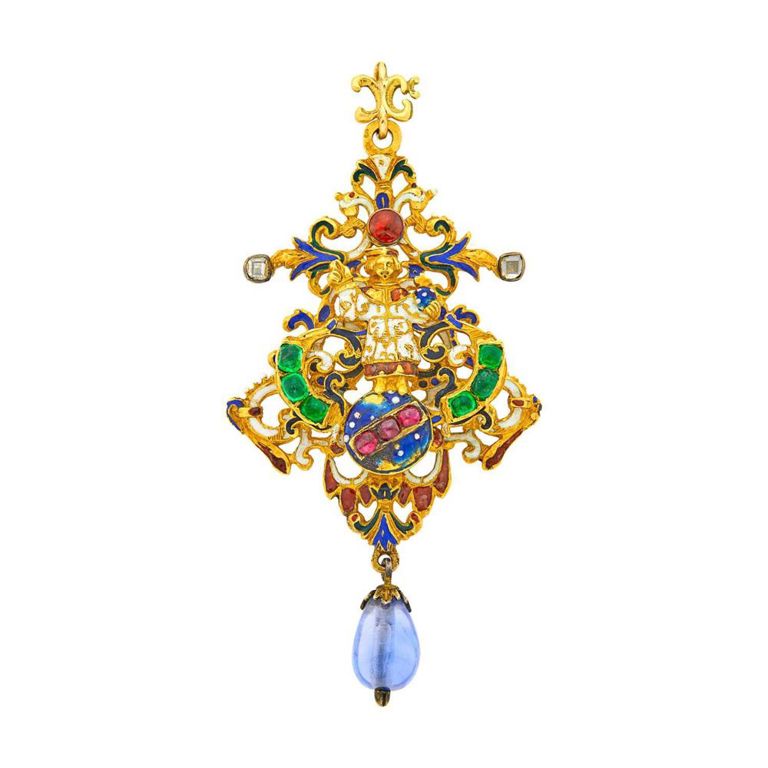Gold Enamel Sapphire and Gemstone Pendant