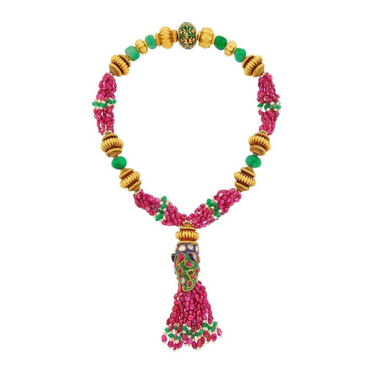 Gold, Silver Emerald and Ruby Necklace