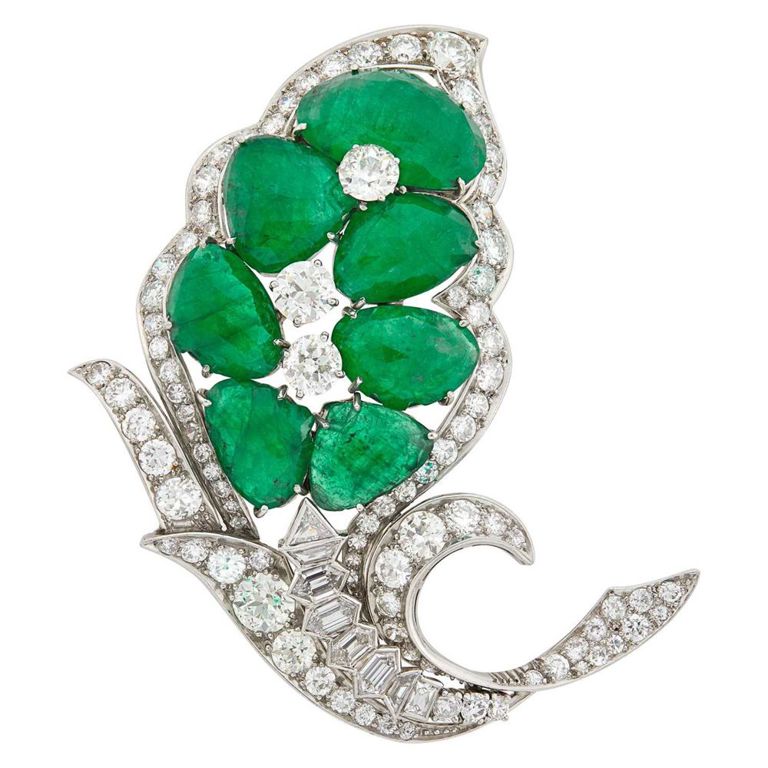Platinum Emerald and Diamond Brooch