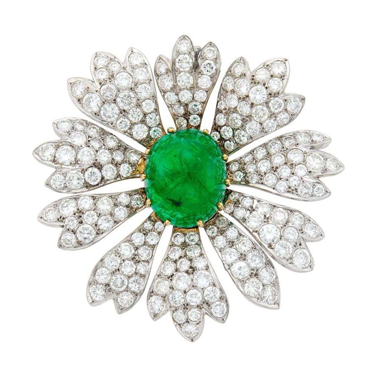 Platinum and Gold Emerald Diamond Brooch