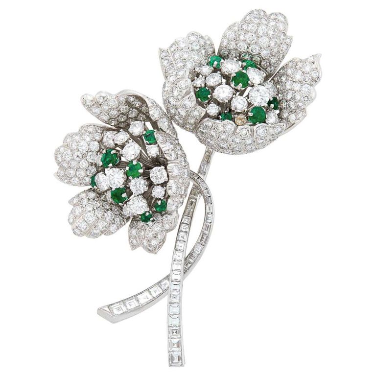 Platinum Diamond and Emerald Brooch