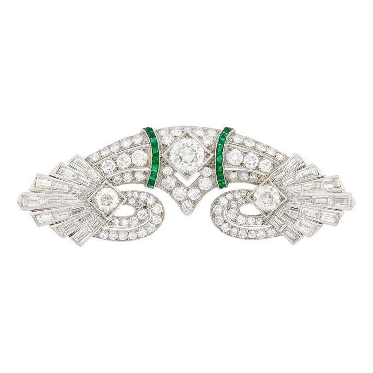 Platinum Diamond and Simulated Emerald Brooch