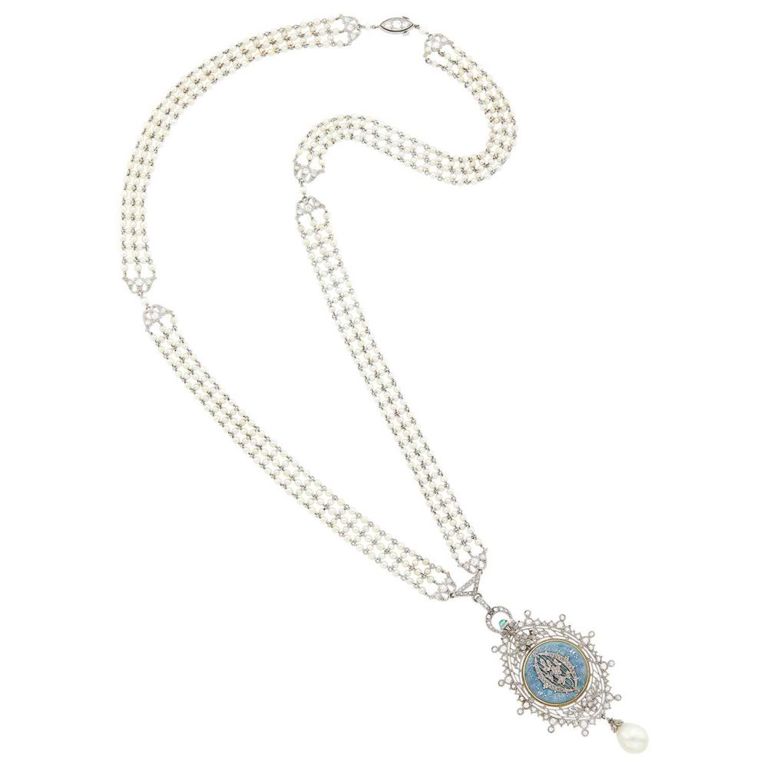 Platinum Enamel Pearl and Diamond Sautoir