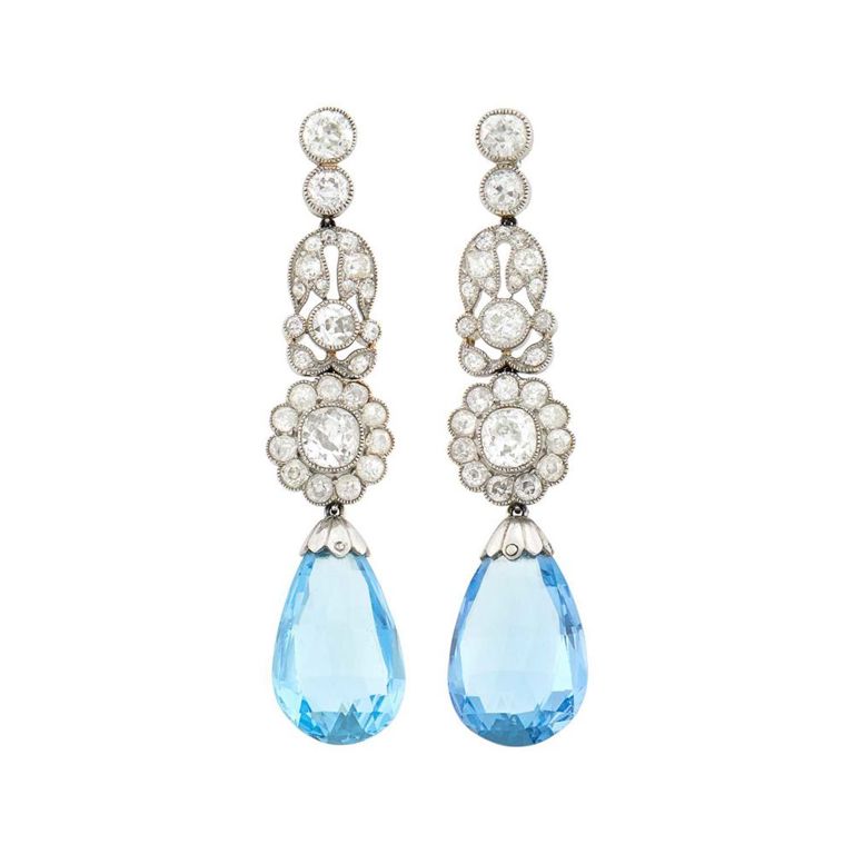 Platinum Diamond and Aquamarine Earrings