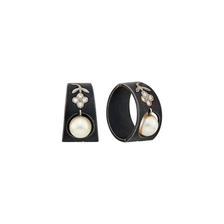 Steel and White Gold Pearl Diamond Earclips