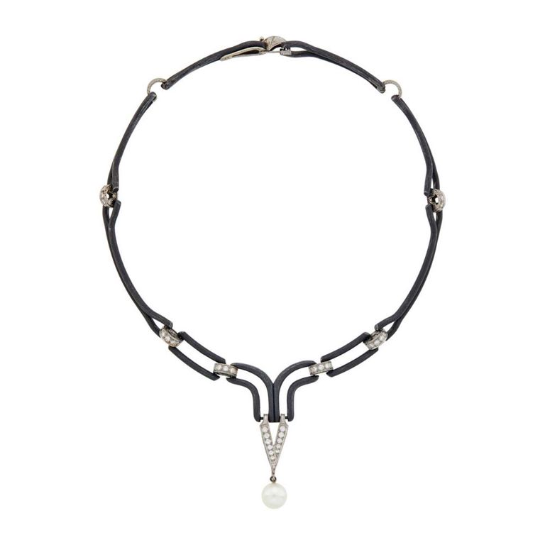 Steel and White Gold Pearl Diamond Necklace