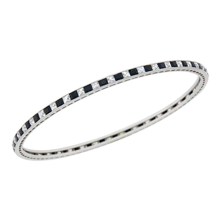 Platinum Diamond and Onyx Bangle Bracelet