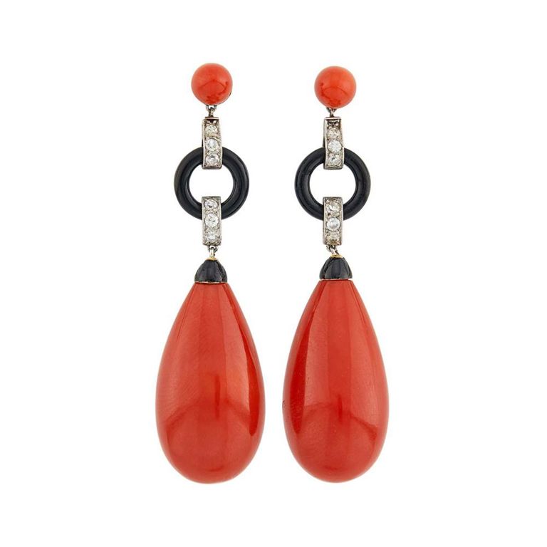 Platinum Coral Onyx Diamond Earrings