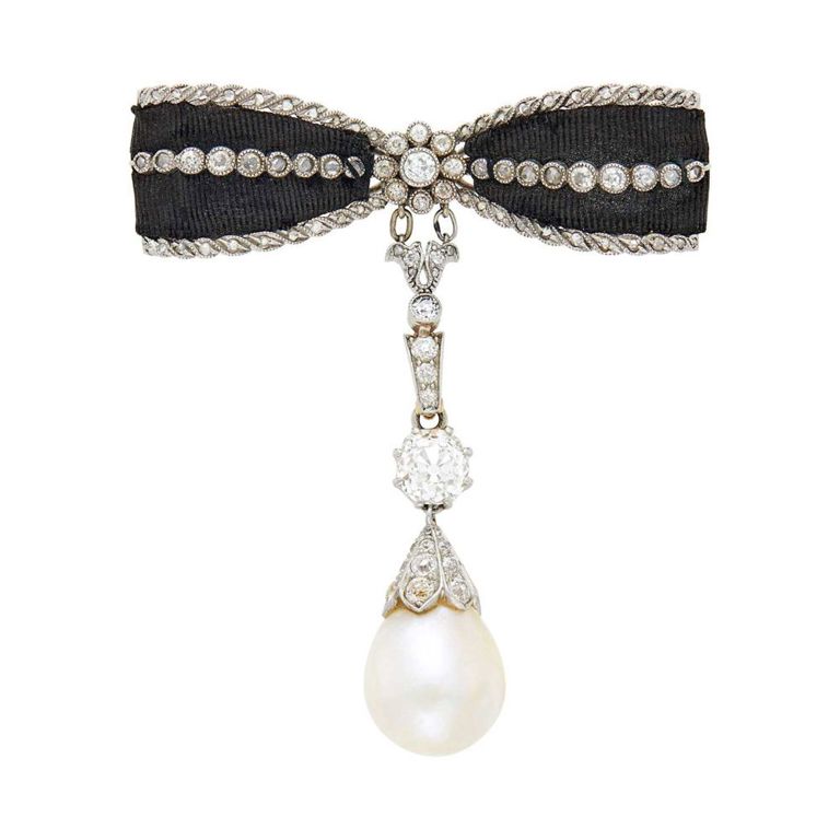 Platinum and Gold Pearl Diamond Bow Brooch