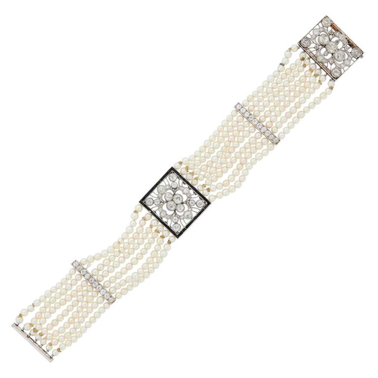 Platinum Pearl Diamond and Onyx Bracelet