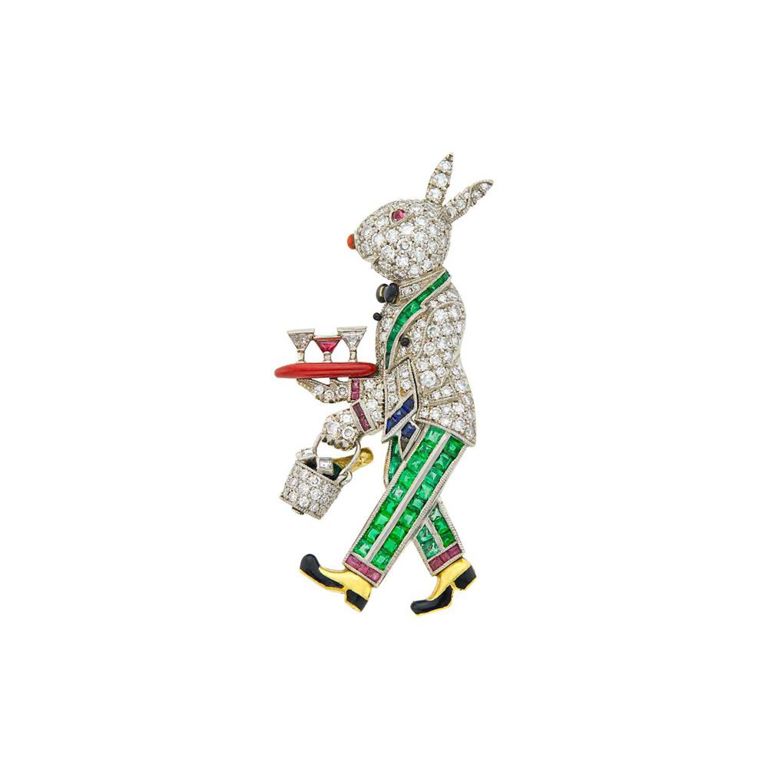 Platinum Diamond and Gem-Set Rabbit Brooch