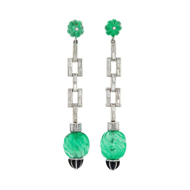 Platinum Emerald and Diamond Enamel Earrings