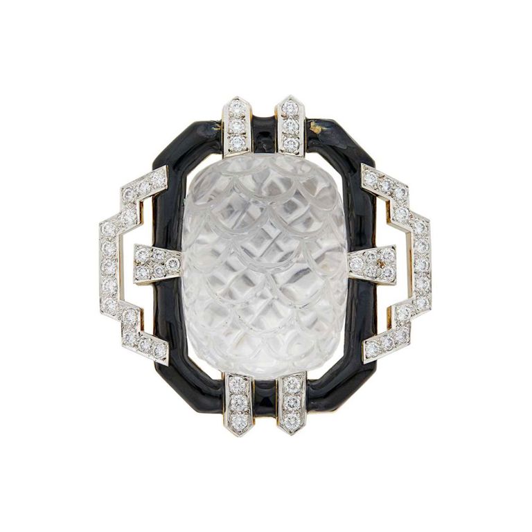 Gold and Platinum Rock Crystal Diamond Brooch