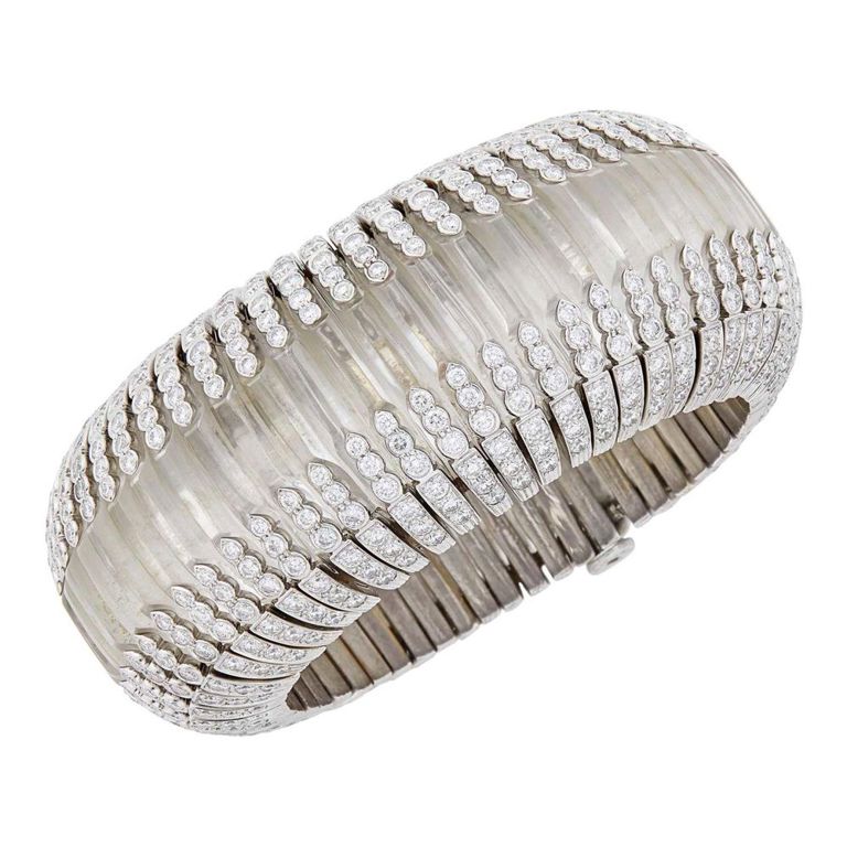 White Gold Rock Crystal and Diamond Cuff Bracelet