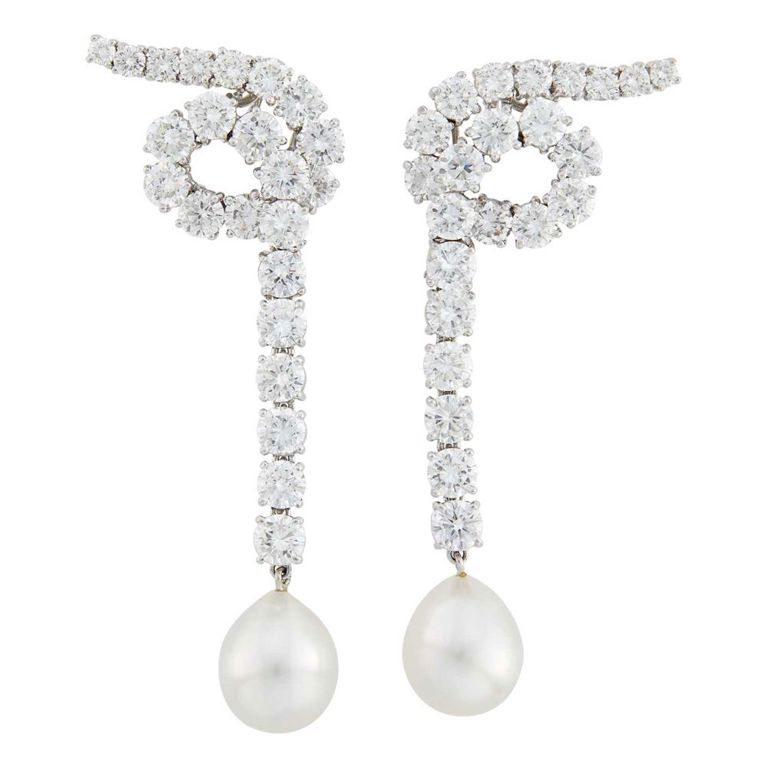 Platinum Diamond and Pearl Earrings