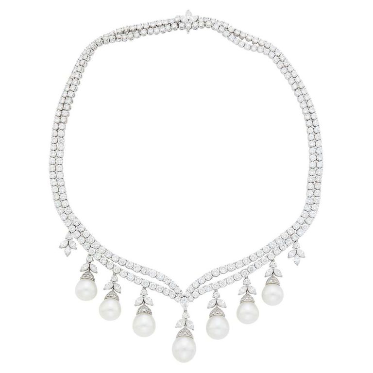 Platinum Diamond and Pearl Pendant Necklace