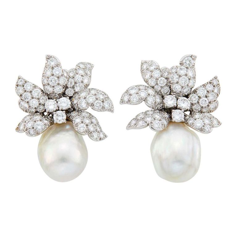 Platinum Pearl and Diamond Earclips