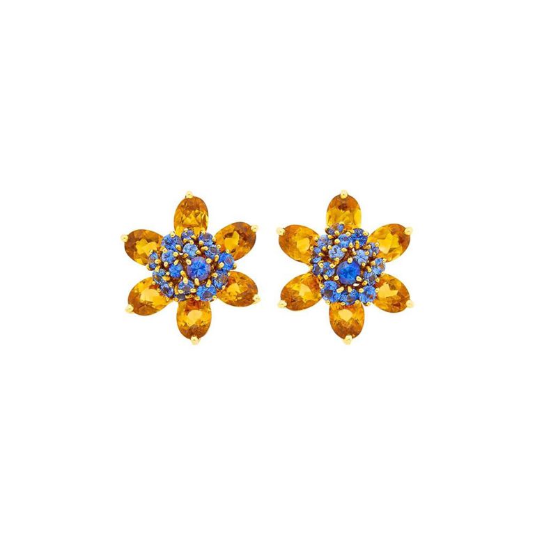 18k Gold Citrine and Sapphire Earclips