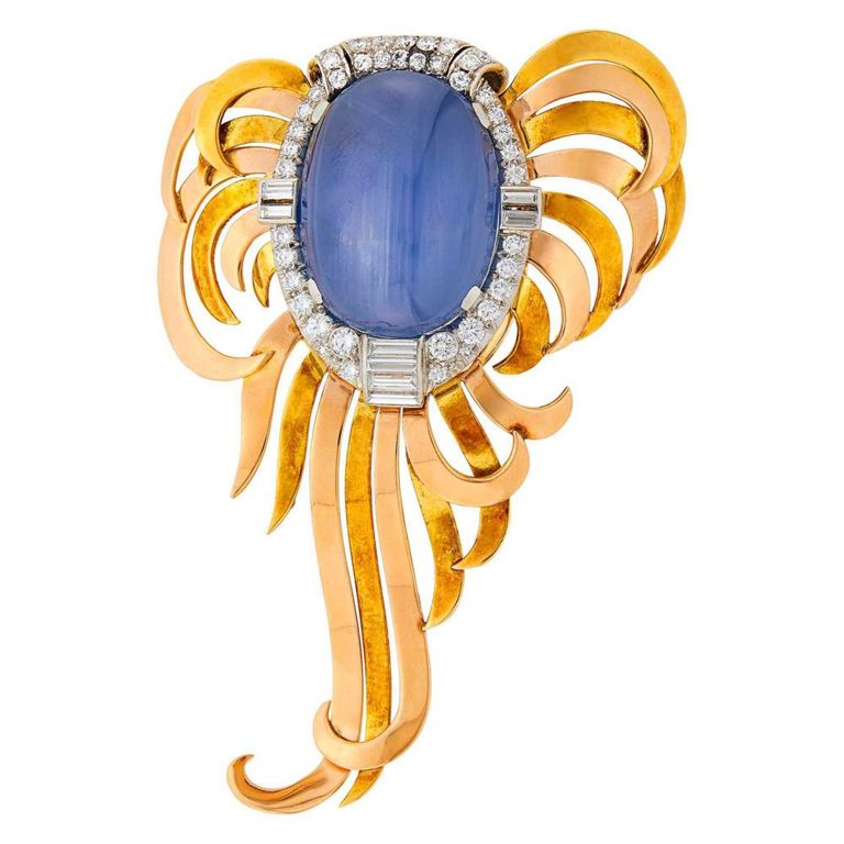 Gold Platinum Star Sapphire and Diamond Brooch