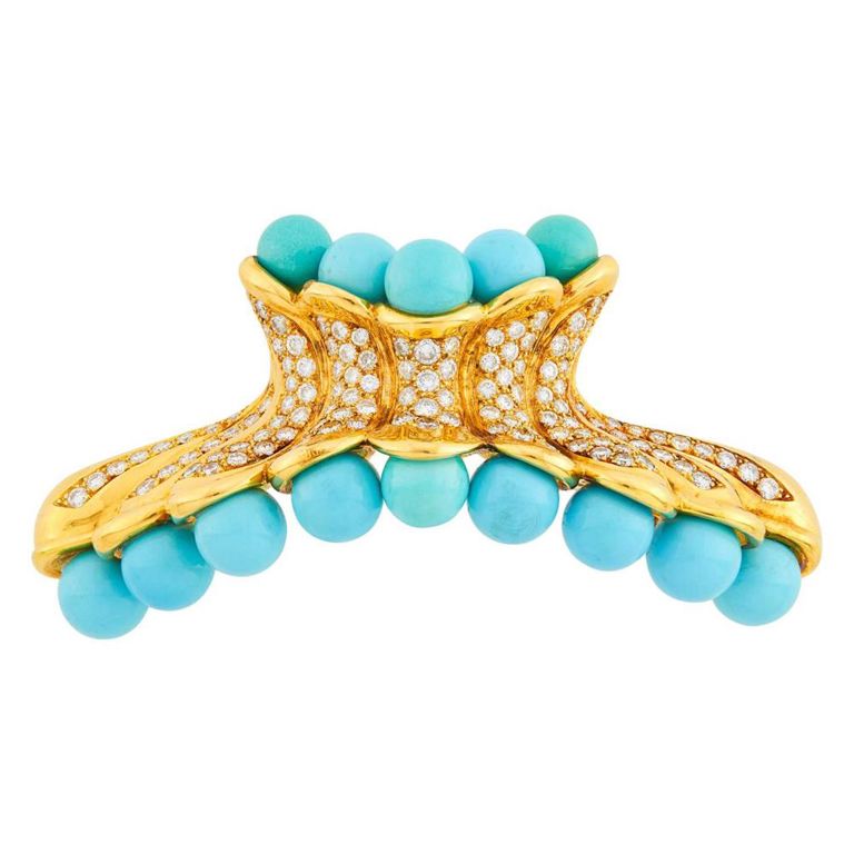 18k Gold Turquoise and Diamond Barrette