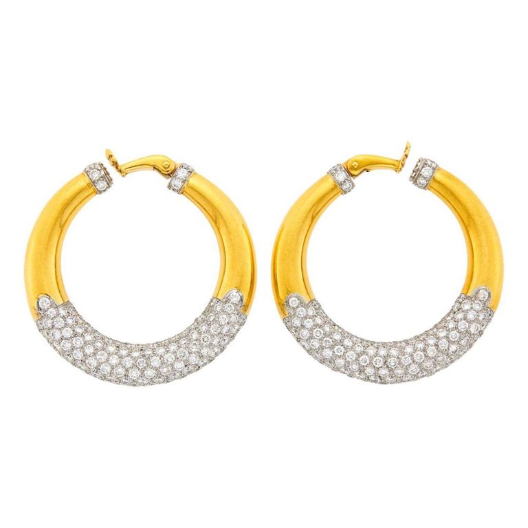 18k Gold and Platinum Diamond Hoop Earclips