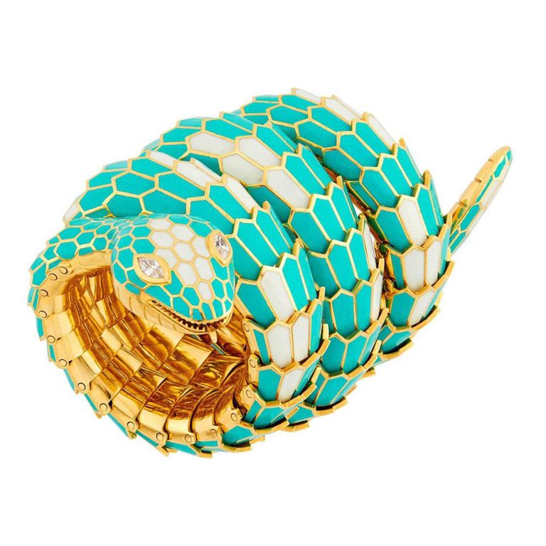18k Gold Turquoise and Diamond Serpent Bracelet