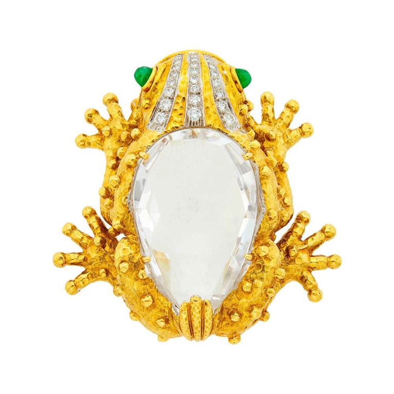Gold and Platinum Rock Crystal Frog Brooch