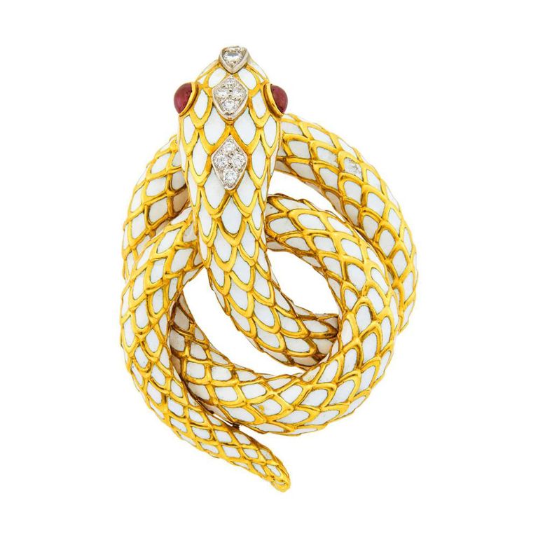 Gold and Platinum Enamel Ruby Snake Brooch
