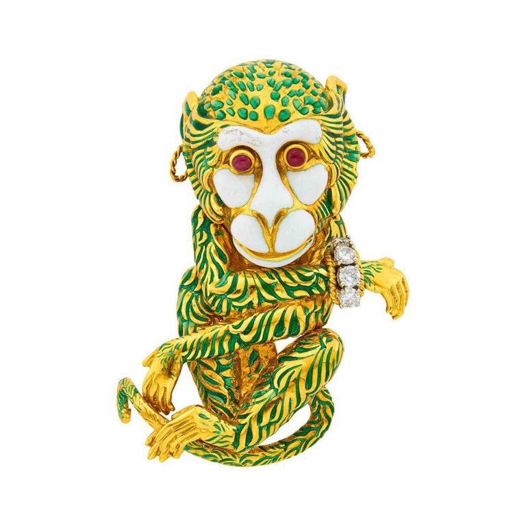 Gold and Platinum Enamel Ruby Monkey Brooch