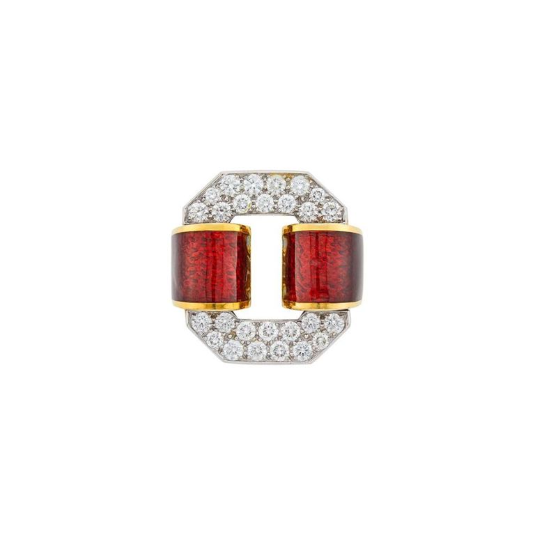 18k Gold Red Enamel and Diamond Buckle Ring