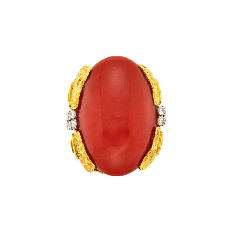 18k Gold Coral and Diamond Ring