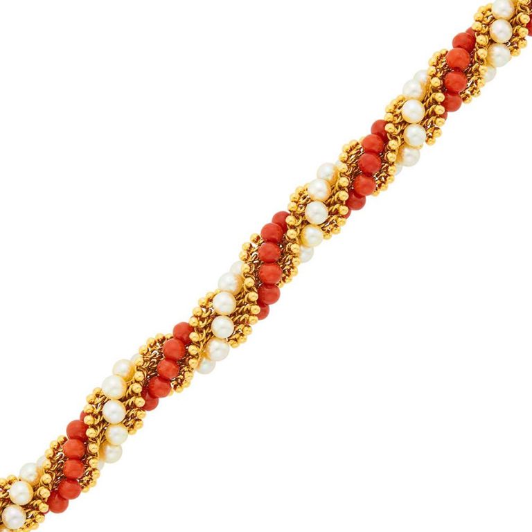 18k Gold Coral and Pearl Bracelet