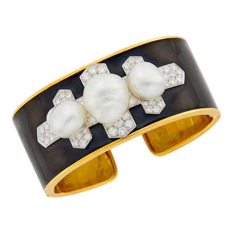 18k Gold Pearl and Diamond Cuff Bracelet