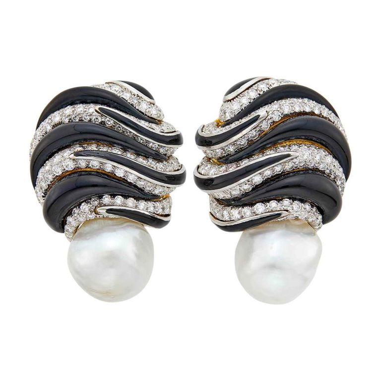 18k Gold Pearl and Diamond Earclips