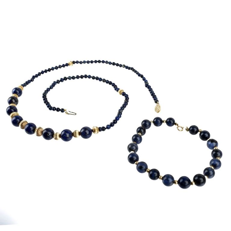 14k Yellow Gold Lapis Lazuli Necklace and Bracelet