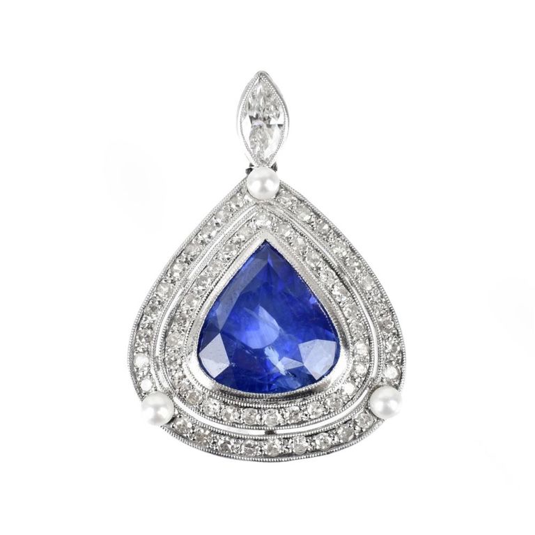 Gold Sapphire, Diamond and Pearl Pendant Brooch
