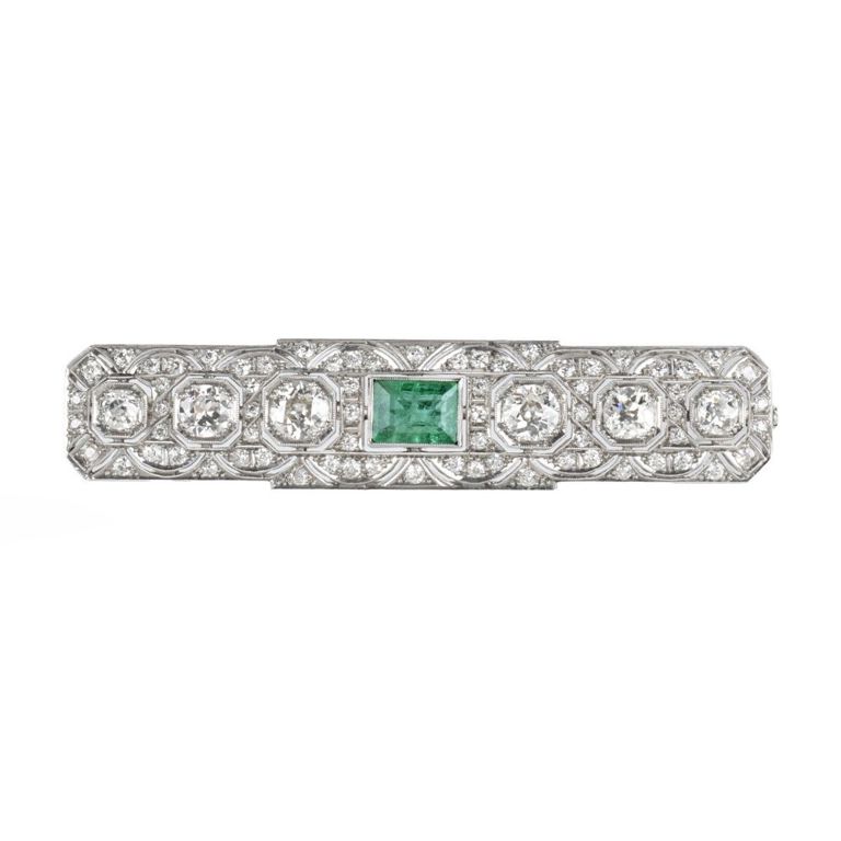 Platinum Diamond and Emerald Bar Brooch