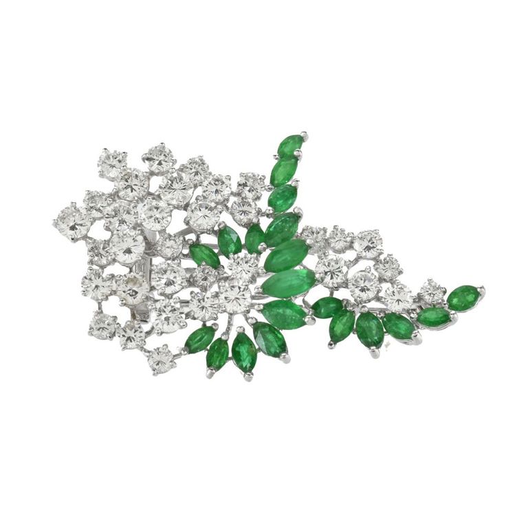 Platinum Diamond and Emerald Brooch