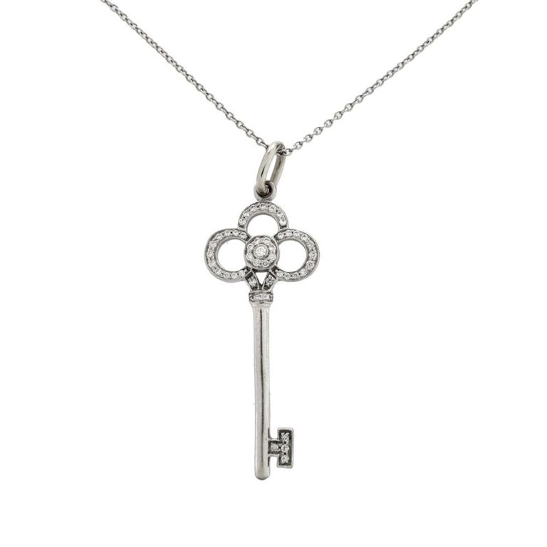 18k Gold Diamond Key Pendant on Platinum Necklace