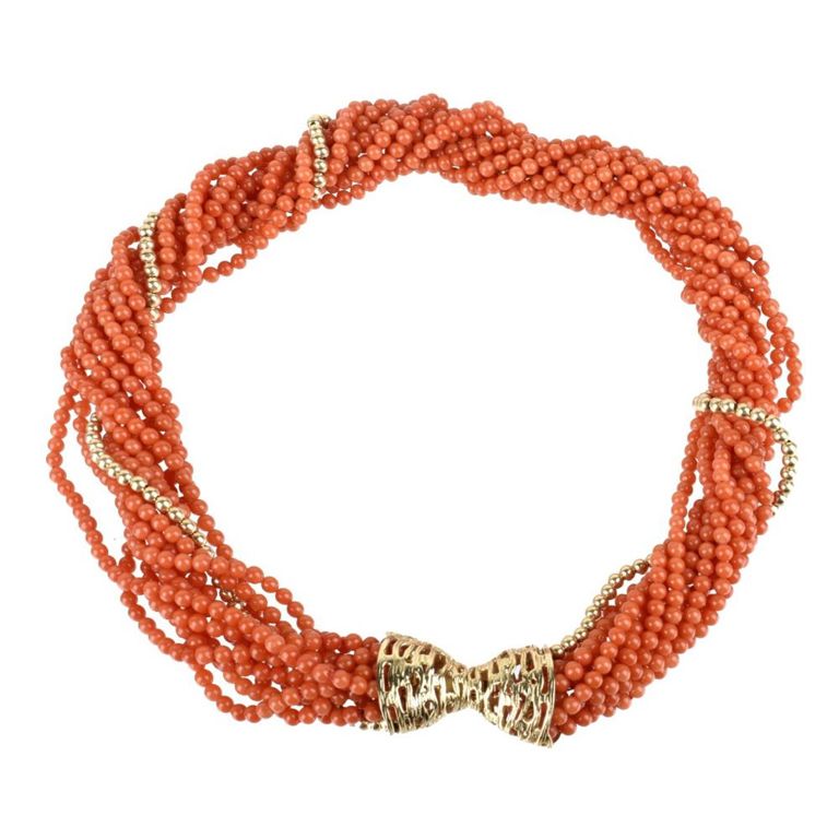 14k Yellow Gold Red Coral Bead Necklace