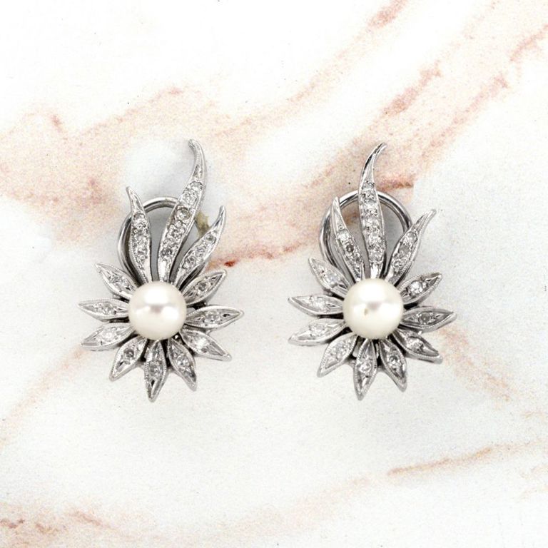 14k Gold Pearl and Diamond Flower Clip Earrings