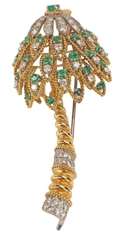 18k Gold Emerald and Diamond Palm Tree Brooch