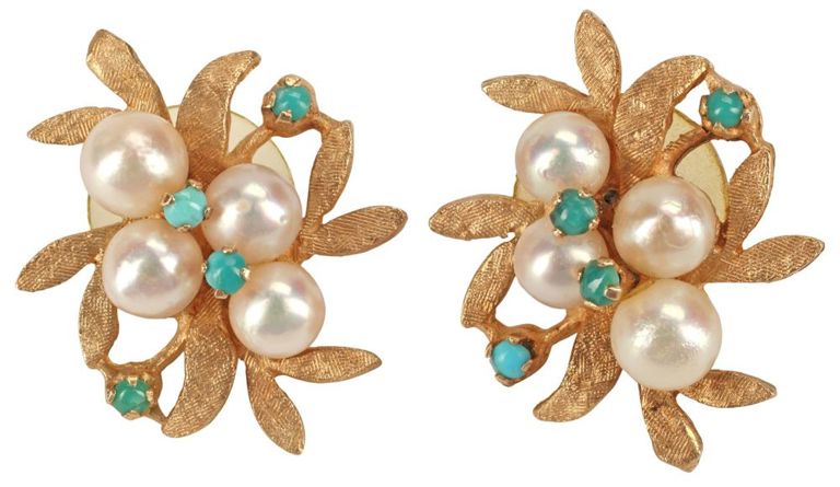14k Gold Pearl and Turquoise Earrings