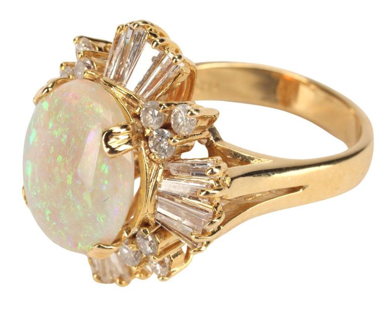 14k Gold Crystal Opal and Diamond Ring
